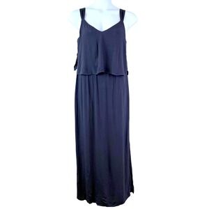 ZARA BASIC COLLECTION Navy Blue Maxi Dress Layered V Neck‎ Slits Boho Flowing